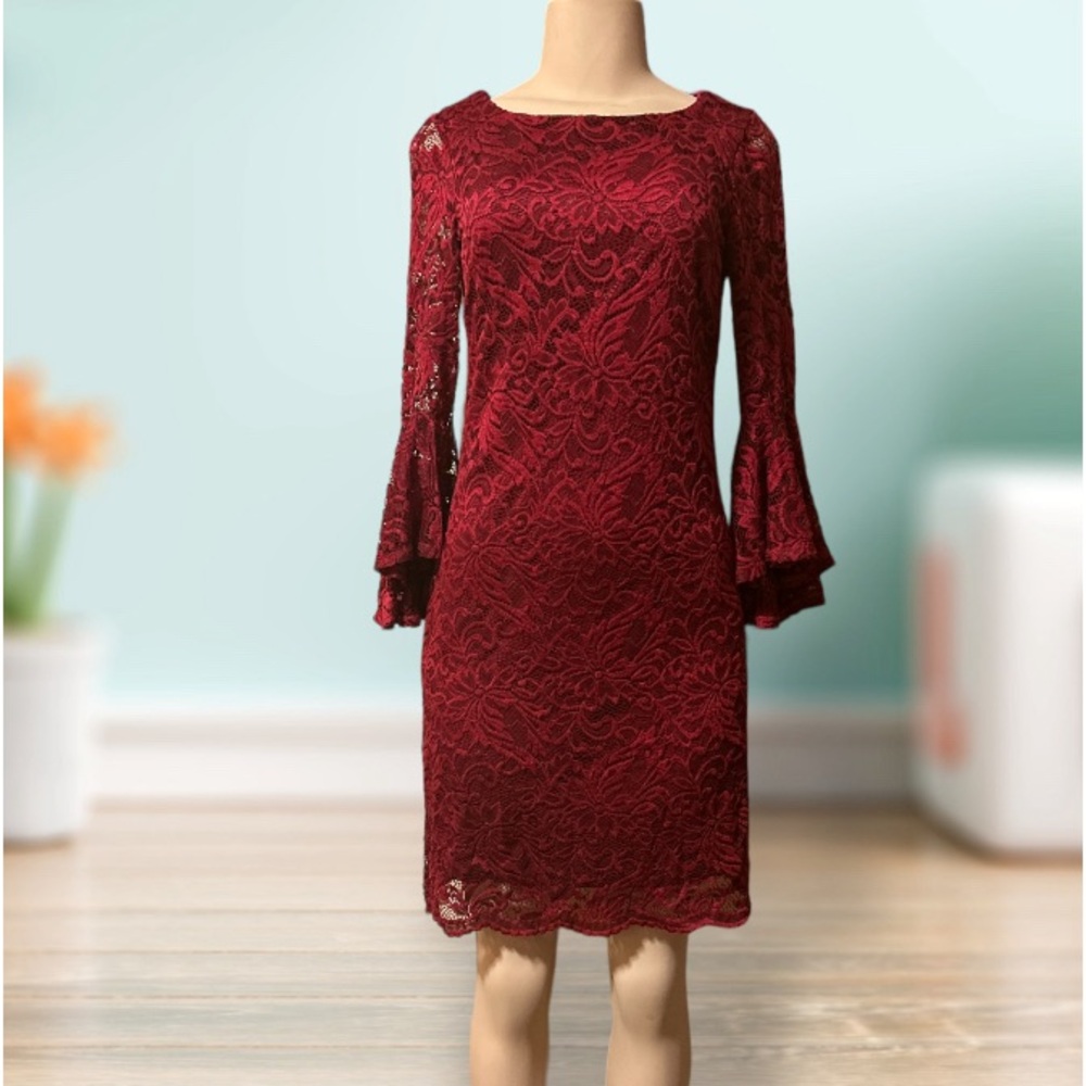 Liz Claiborne Red Lace Dress W Bell Sleeves Size 4